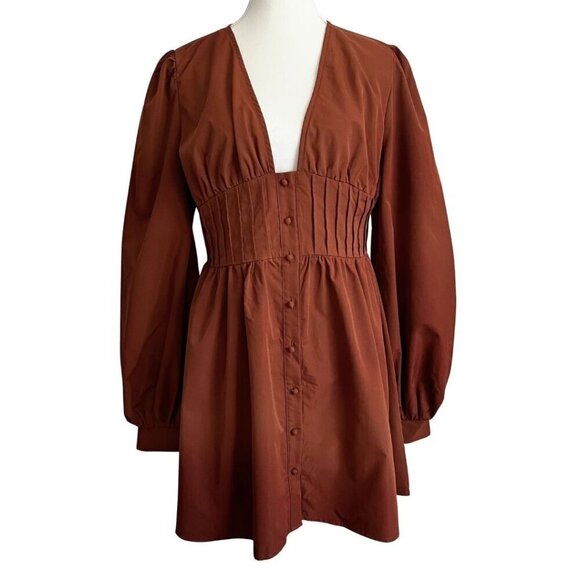 PRETTYLITTLETHING BUTTON FRONT PUFF SLEEVE SKATER SKIRT IN BROWN - 10 - Picture 2 of 13